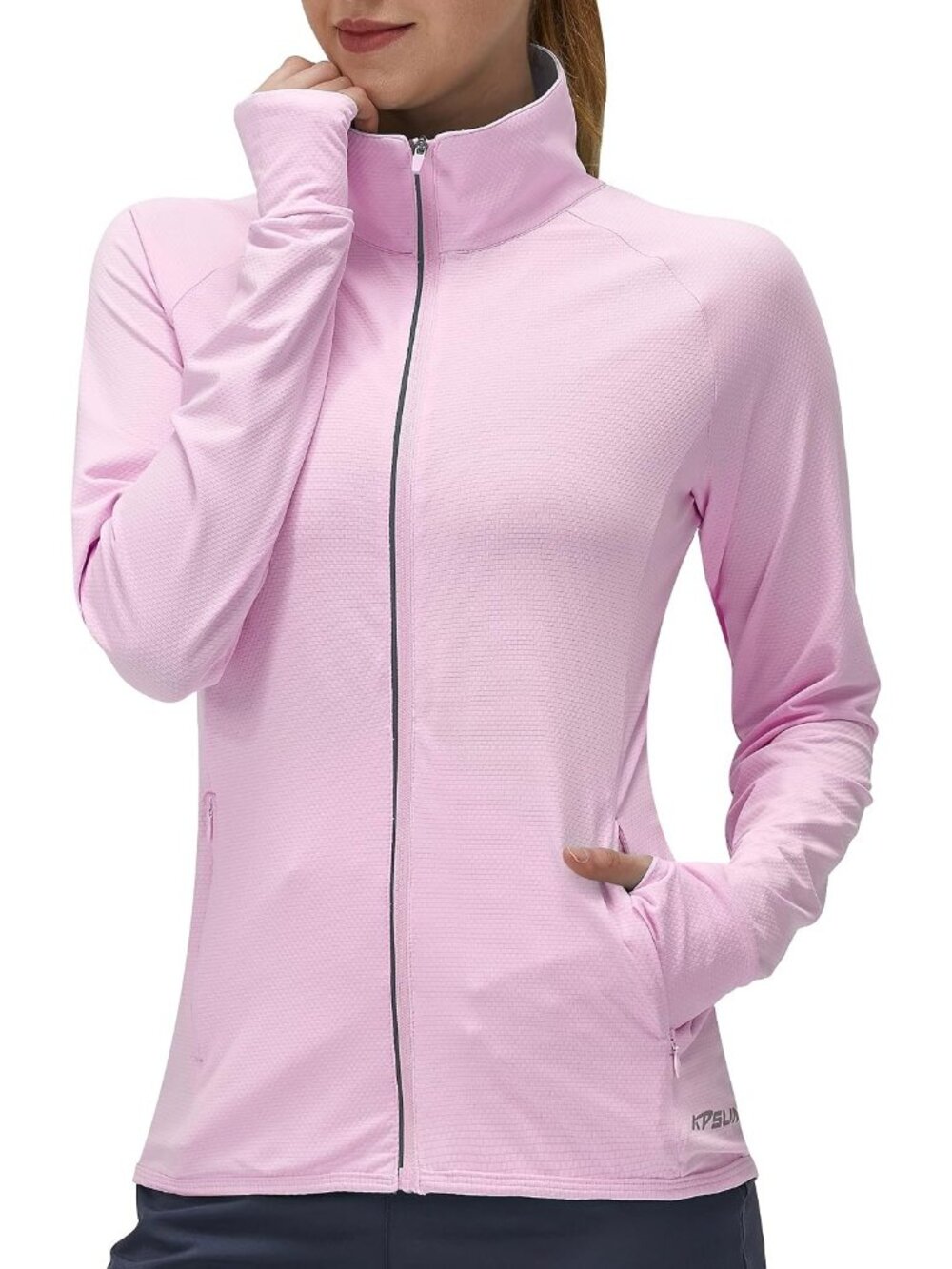 Women's Pink Long Sleeve Full ZIP High Neck Plain Hem Lightweight Sport Jacket